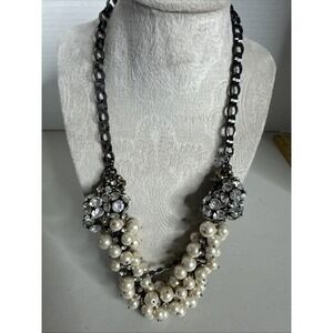 J. Crew Silvertone, Pearl And  Rhinestone Statement Necklace adjustable